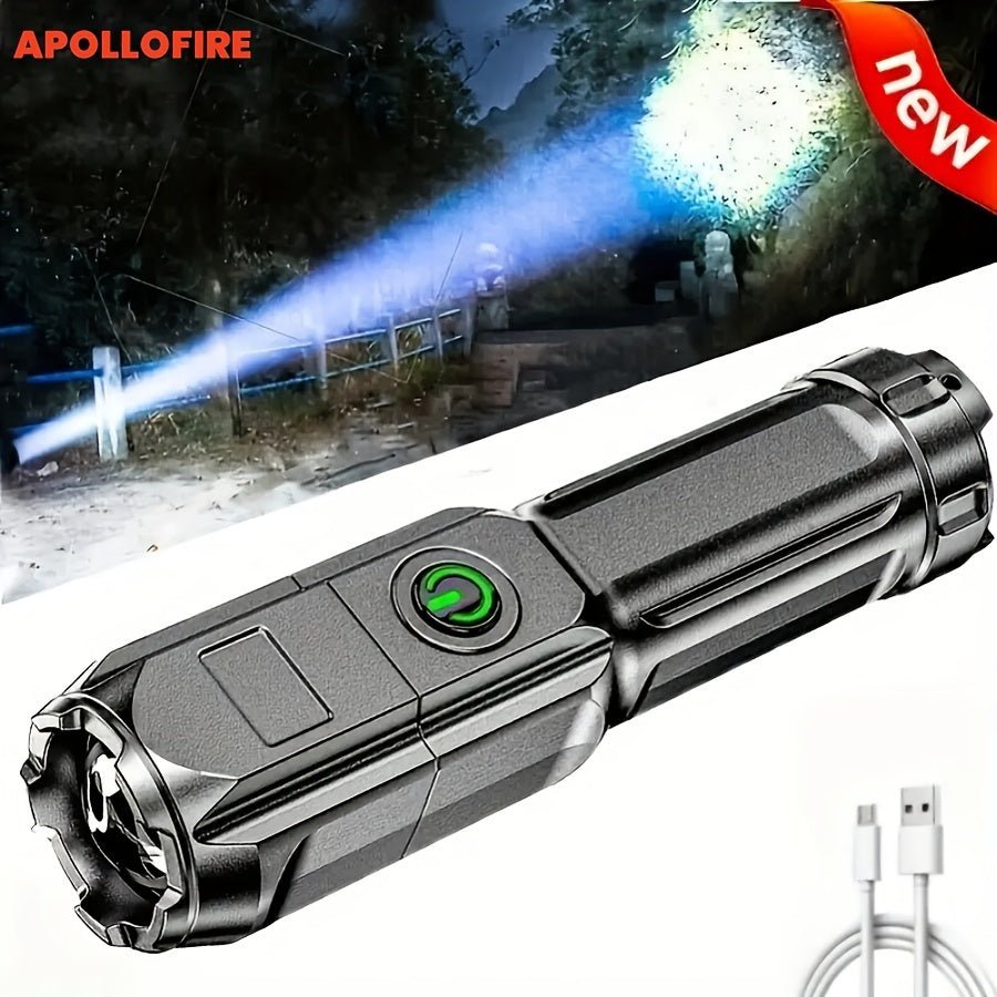 APOLLOFIRE High-Power Zoom Flashlight, 800mAh Rechargeable Battery, Portable Multi-Functional Telescopic Torch for Outdoor & Home Use, Black with Textured Grip, Flashlight Rechargeable