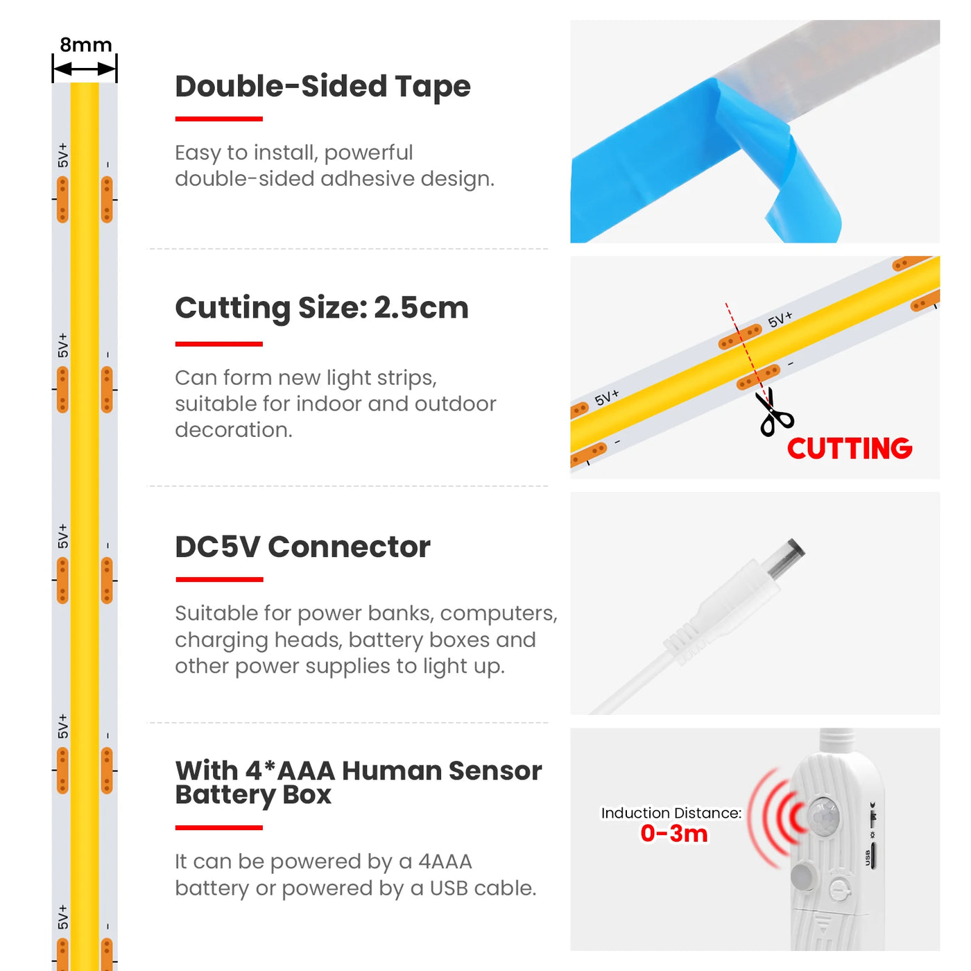 8MM COB LED Strip Light Motion Sensor Dimmable 5V 320LEDs/M USB/AAA Battery Powered Flexible Adhesive Room Night Light Backlight