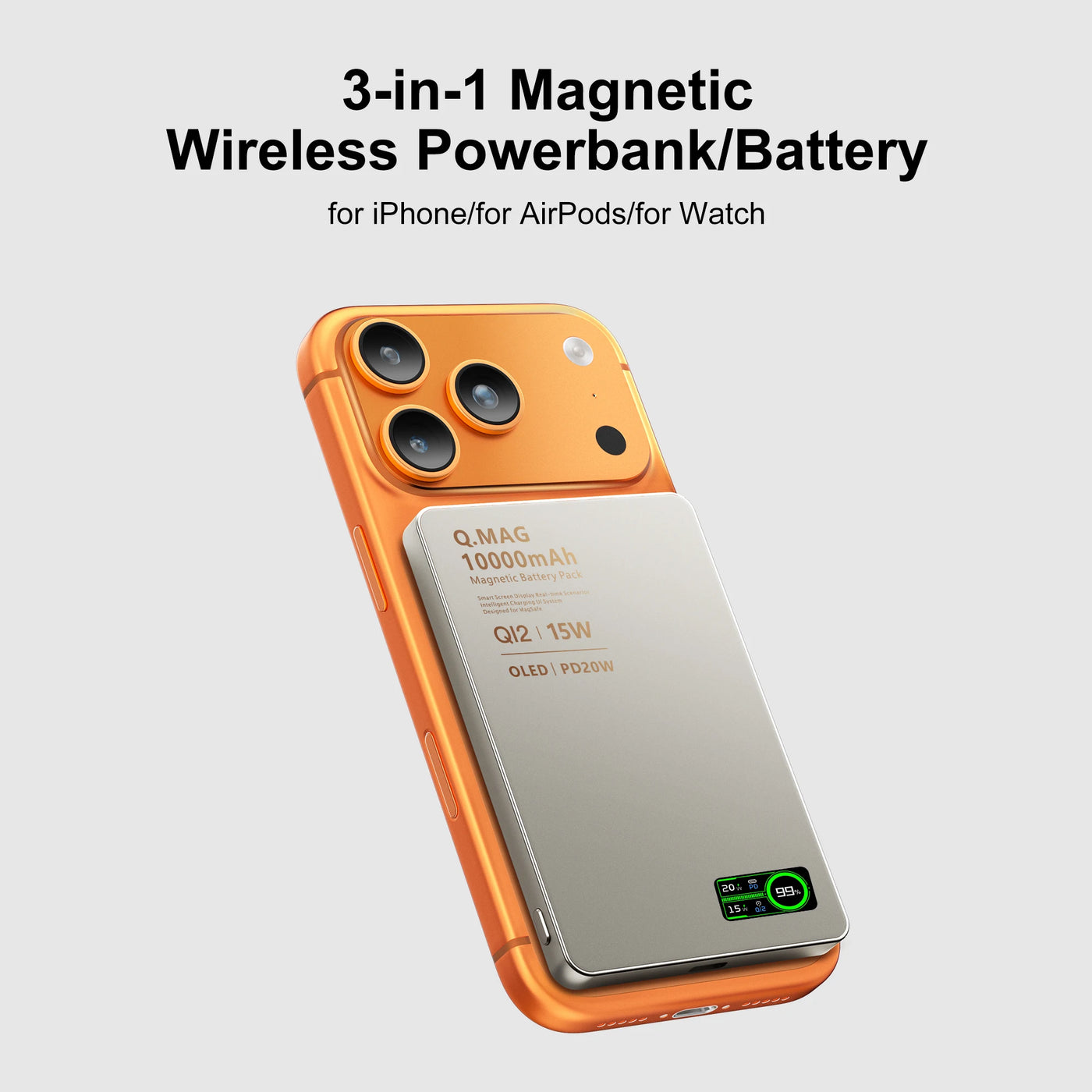 3 In 1 Magnetic Power Bank battery QI 15W Wireless Fast Charing With Intelligent  LCD Screen for iPhone 12-17 Pro Watch Airpods