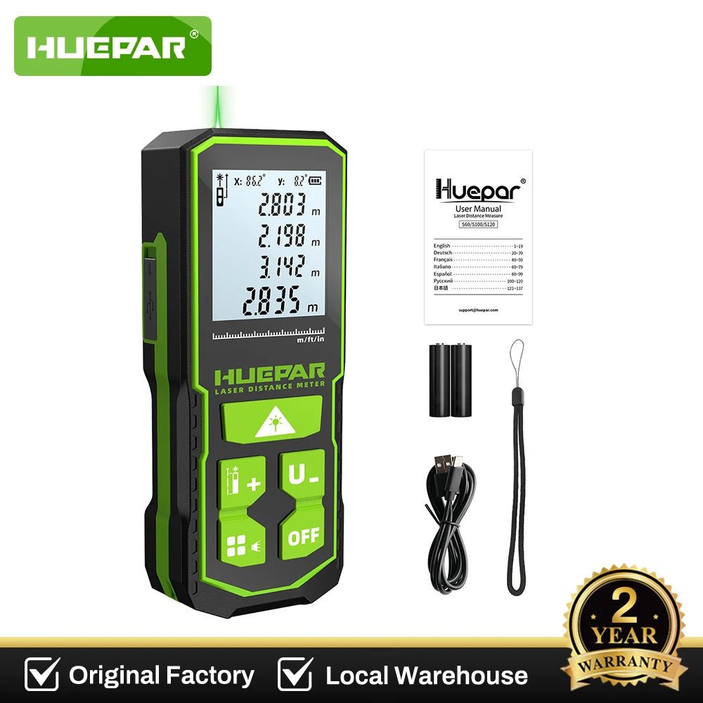Huepar Laser Distance Measuring Meters Tool with Angle Sensor Rechargeable Digital Green Beam 60M 100M 120M Laser Rangefinder