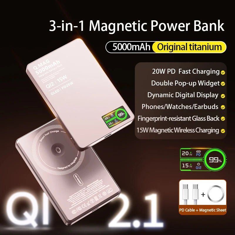 3 In 1 Magnetic Power Bank battery QI 15W Wireless Fast Charing With Intelligent  LCD Screen for iPhone 12-17 Pro Watch Airpods