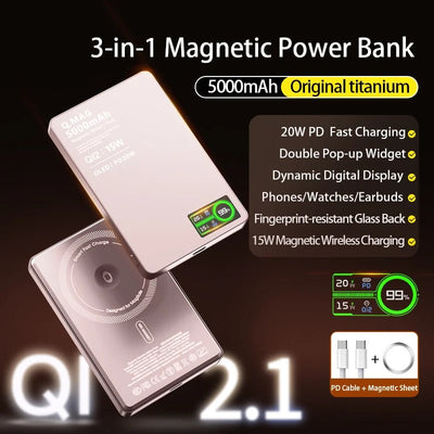 3 In 1 Magnetic Power Bank battery QI 15W Wireless Fast Charing With Intelligent  LCD Screen for iPhone 12-17 Pro Watch Airpods