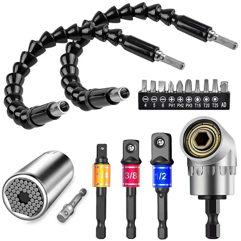 Bendable Drill Extension & Adapter Set – Hex Shank Bits with Universal Socket and Screwdriver Tools