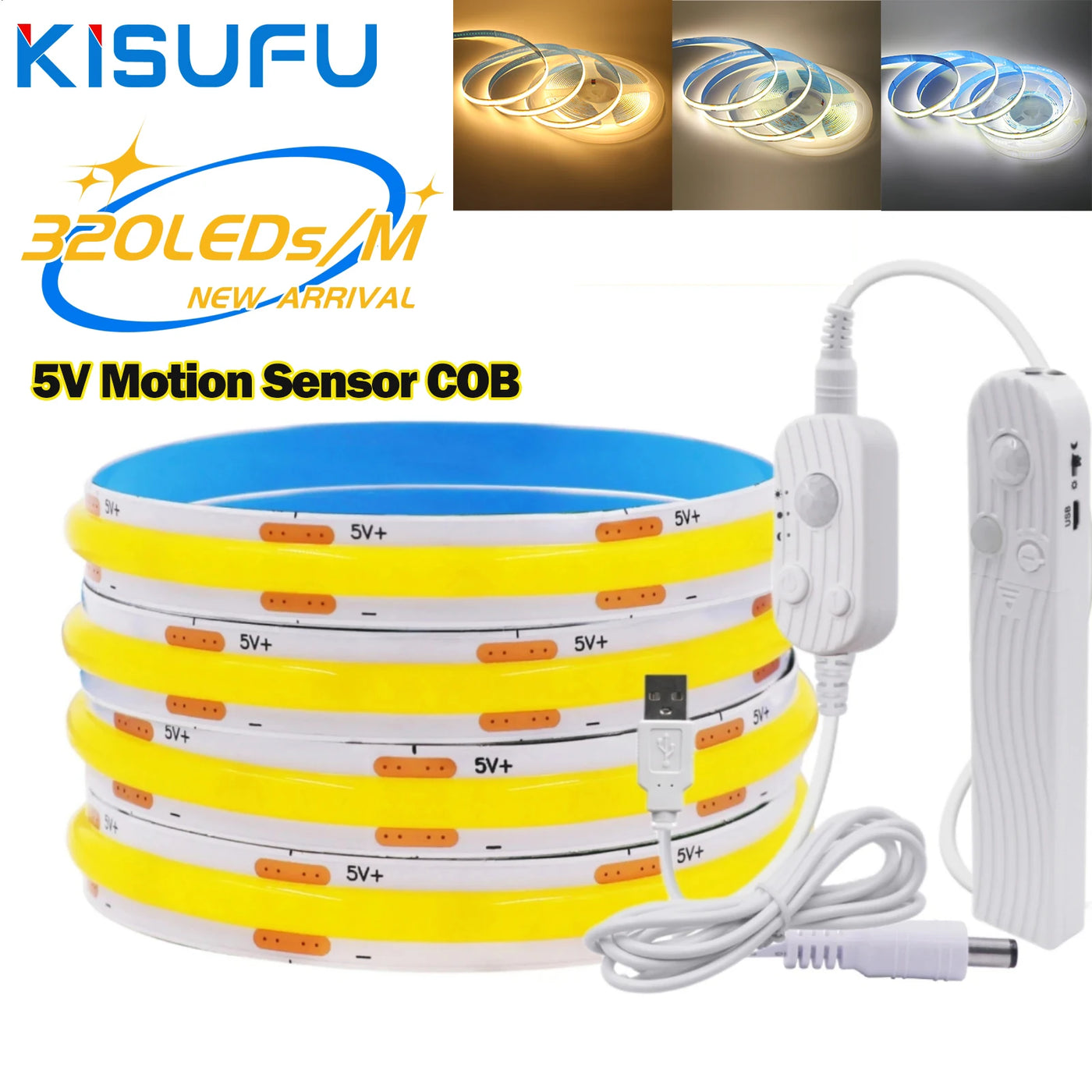 8MM COB LED Strip Light Motion Sensor Dimmable 5V 320LEDs/M USB/AAA Battery Powered Flexible Adhesive Room Night Light Backlight