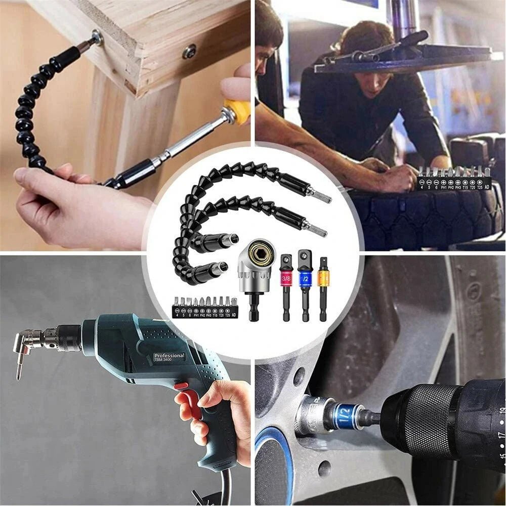 Bendable Drill Extension & Adapter Set – Hex Shank Bits with Universal Socket and Screwdriver Tools