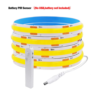 8MM COB LED Strip Light Motion Sensor Dimmable 5V 320LEDs/M USB/AAA Battery Powered Flexible Adhesive Room Night Light Backlight