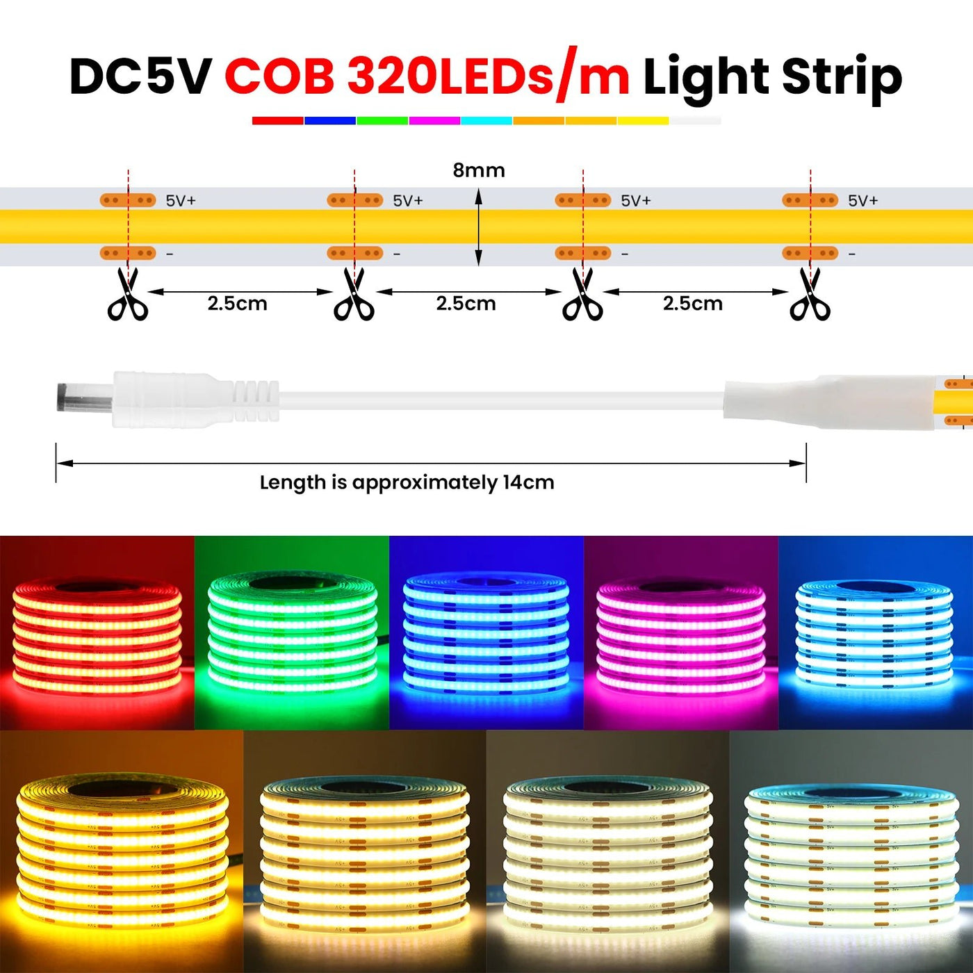 8MM COB LED Strip Light Motion Sensor Dimmable 5V 320LEDs/M USB/AAA Battery Powered Flexible Adhesive Room Night Light Backlight