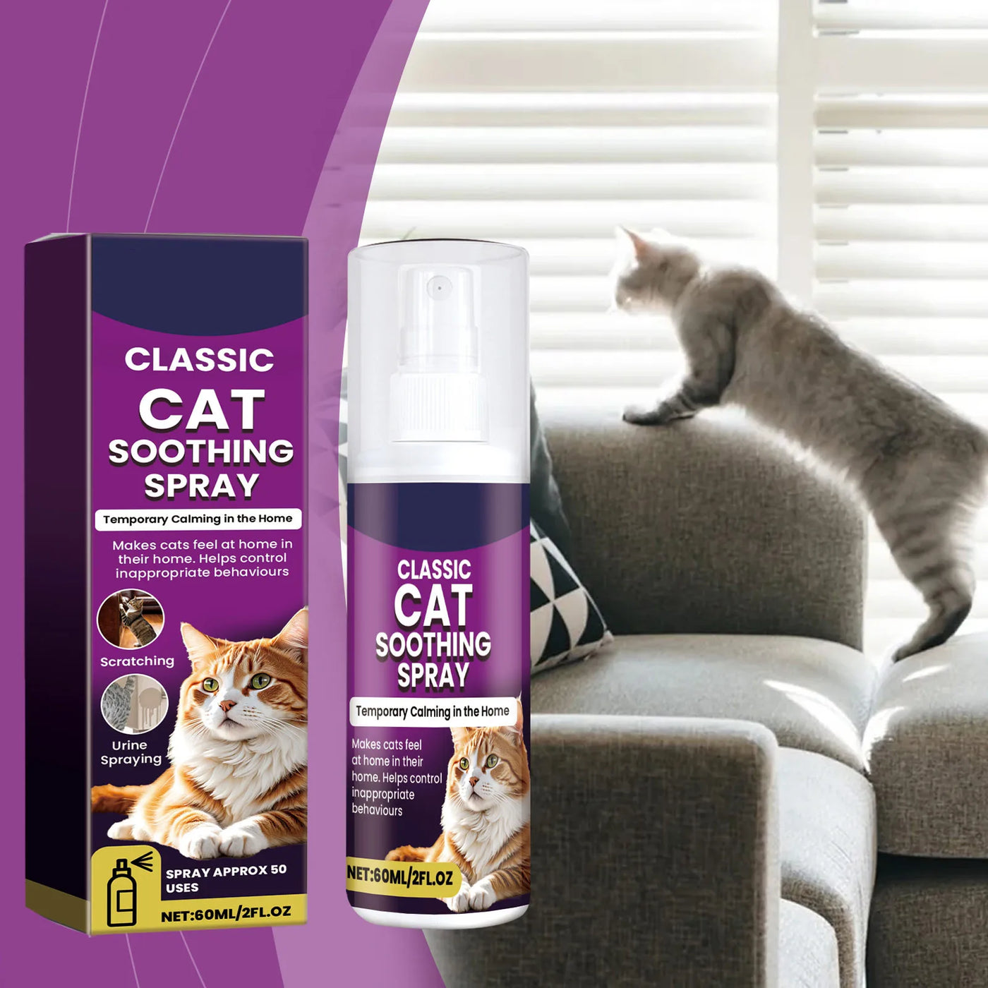 60ml Calming Cat Spray – Stops Scratching & Accidents