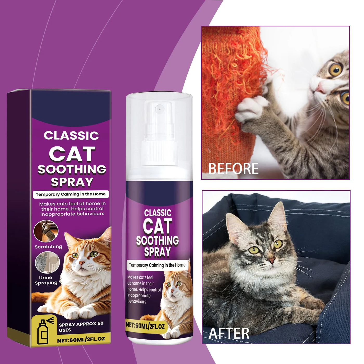60ml Calming Cat Spray – Stops Scratching & Accidents