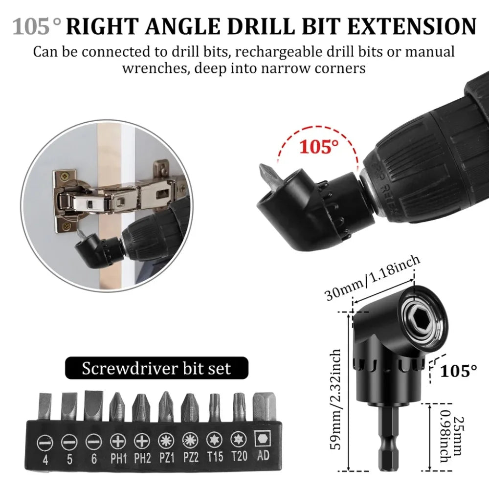 Rotatable Right Angle Drill Bit Extension – Hex Shank Attachment for Screwdrivers & Power Drills