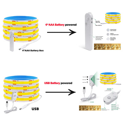 8MM COB LED Strip Light Motion Sensor Dimmable 5V 320LEDs/M USB/AAA Battery Powered Flexible Adhesive Room Night Light Backlight