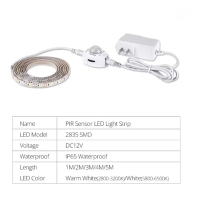 Motion Sensor LED Strip Light DC 12V Waterproof Under Cabinet Lamp For Bedroom Kitchen Flexible LED Strip US EU Power Adapter