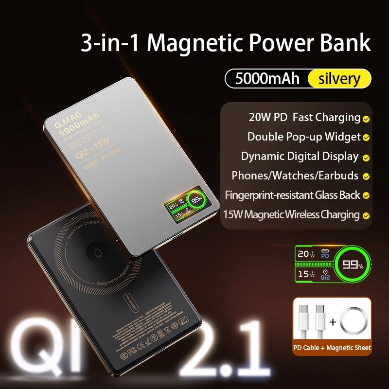 3 In 1 Magnetic Power Bank battery QI 15W Wireless Fast Charing With Intelligent  LCD Screen for iPhone 12-17 Pro Watch Airpods