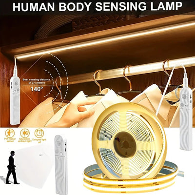 COB Motion Sensor LED Strip Light – 320 LEDs/m Battery Powered Lighting for Stairs, Bedroom & Closet